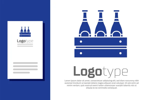 Blue Pack de garrafas de cerveja ícone isolado no fundo branco. Caixa de madeira e garrafas de cerveja. Caixa caixa de cerveja caixa sinal. Elemento de modelo de design de logotipo. Ilustração vetorial —  Vetores de Stock