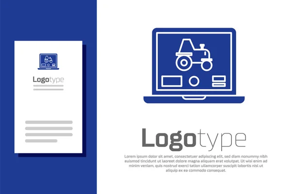 Blaue Laptop-Anwendung zur Steuerung eines autonomen Traktors auf einem Smart Farm Symbol isoliert auf weißem Hintergrund. intelligente Landwirtschaft umsetzen. Logo Design Template-Element. Vektorillustration — Stockvektor