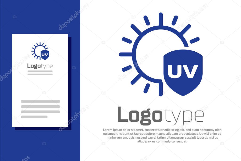 Blue UV protection icon isolated on white background. Sun and shield. Ultra violet rays radiation. SPF sun sign. Logo design template element. Vector Illustration