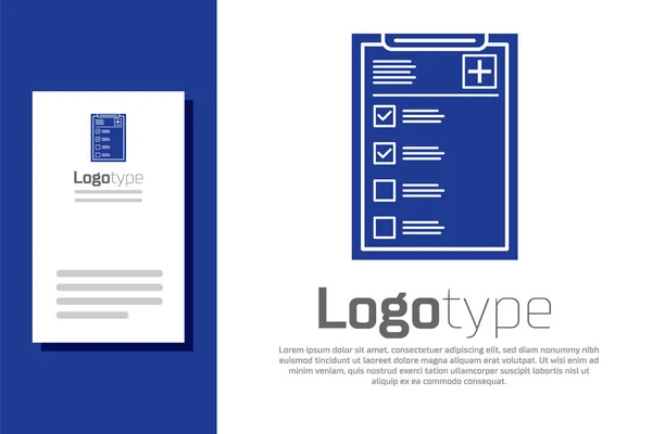 Blue Medical clipboard with clinical record icon isolated on white background. Health insurance form. Prescription, medical check marks report. Logo design template element. Vector Illustration — ストックベクタ