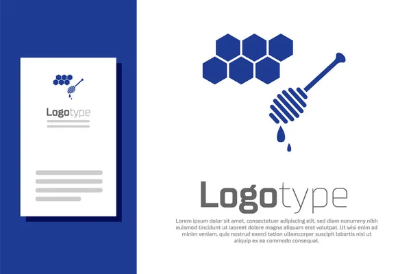Peigne en nid d'abeille bleu avec stickicon de trempette au miel isolé sur fond blanc. Chérie louche. Symbole des cellules de miel. Nourriture naturelle douce. Modèle de conception de logo élément. Illustration vectorielle — Image vectorielle