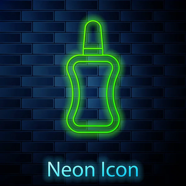 Linea neon incandescente icona bottiglia smalto isolato su sfondo muro di mattoni. Illustrazione vettoriale — Vettoriale Stock