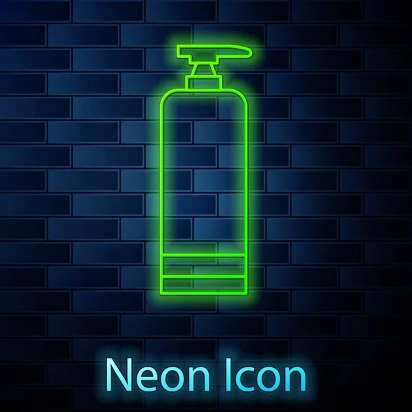 Gloeiende neon lijn Cream of lotion cosmetische buis pictogram geïsoleerd op baksteen muur achtergrond. Lichaamsverzorging producten voor mannen. Vector Illustratie — Stockvector