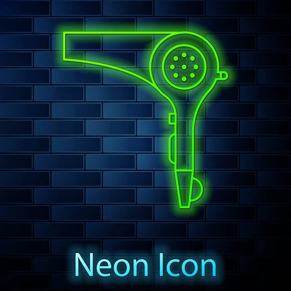 Parlayan neon hattı saç kurutma ikonu tuğla duvar arka planında izole edilmiş. Saç kurutma makinesi tabelası. Saç kurutma sembolü. Sıcak hava üflüyor. Vektör İllüstrasyonu — Stok Vektör