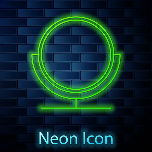 Glowing neon line Round makeup mirror icon isolated on brick wall background. Vector Illustration — ストックベクタ