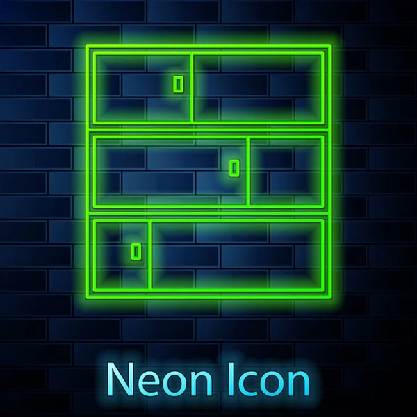 Glowing neon line Shelf icon isolated on brick wall background. Shelves sign. Vector Illustration — 스톡 벡터