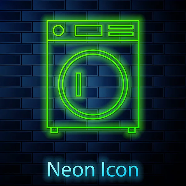 Glowing neon line Washer icon isolated on brick wall background. Washing machine icon. Clothes washer - laundry machine. Home appliance symbol. Vector Illustration — Stock Vector