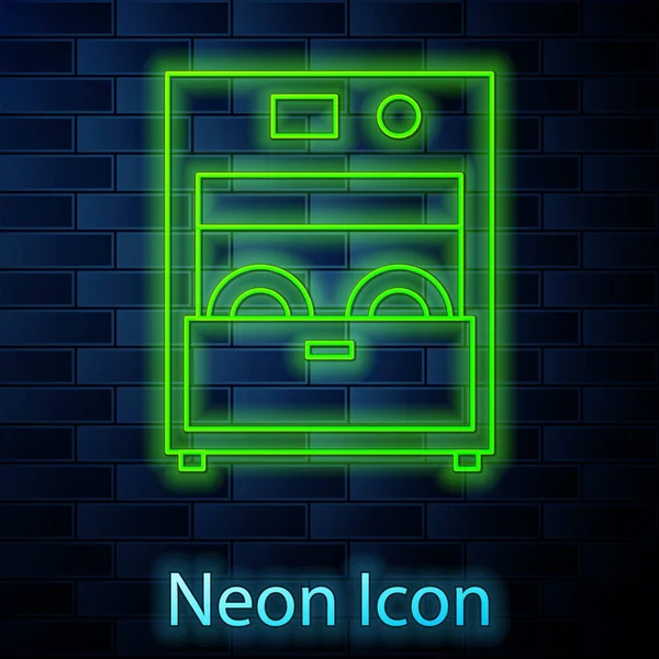 Leuchtende Neon-Linie Küchenspülmaschine Symbol isoliert auf Backsteinwand Hintergrund. Vektorillustration — Stockvektor
