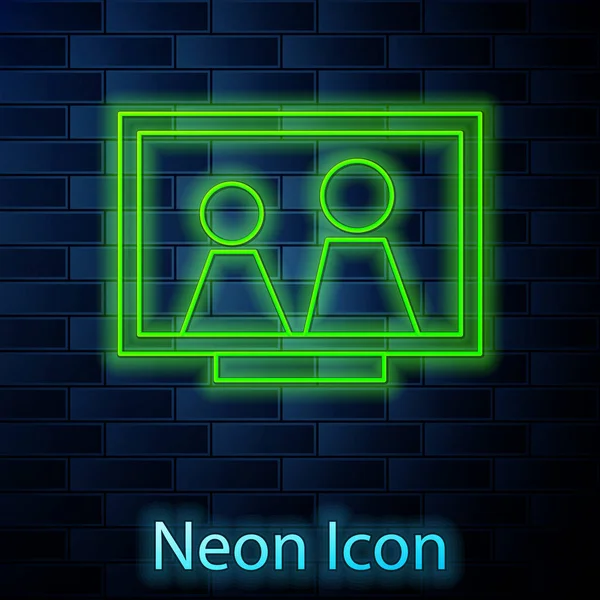 Leuchtende Neon-Linie Bilderrahmen auf Tisch-Symbol isoliert auf Backsteinwand Hintergrund. Vektorillustration — Stockvektor