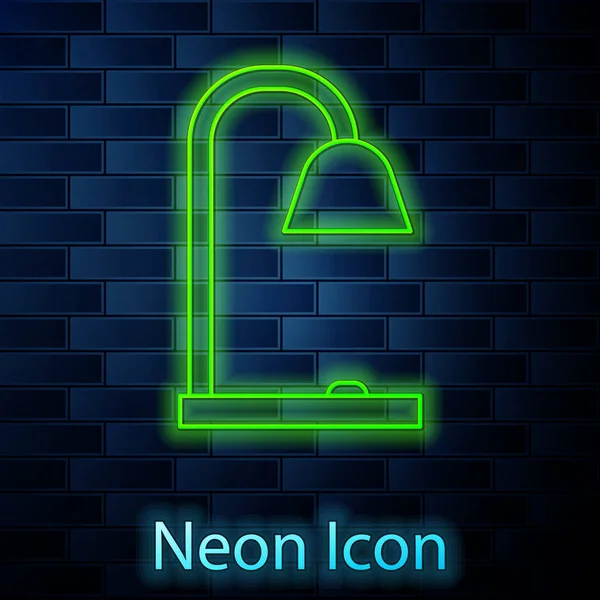 Leuchtende Neon-Linie Tischlampe Symbol isoliert auf Backsteinwand Hintergrund. Vektorillustration — Stockvektor