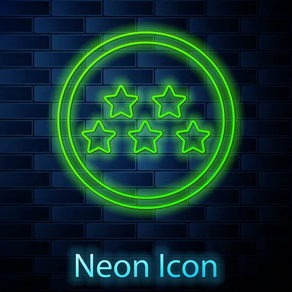 Glowing neon line Five stars customer product rating review icon isolated on brick wall background. Favorite, best rating, award symbol. Vector Illustration — ストックベクタ