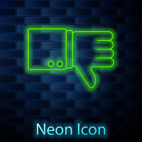 Glowing neon line Dislike icon isolated on brick wall background. Vector Illustration — ストックベクタ