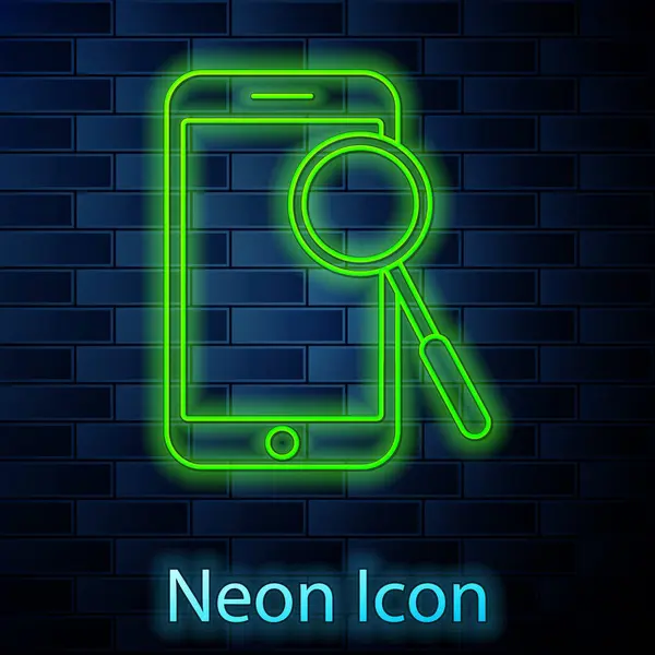 Glowing neon line Mobile phone diagnostics icon isolated on brick wall background. Adjusting app, service, setting options, maintenance, repair, fixing. Vector Illustration — 스톡 벡터