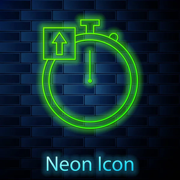 Leuchtende Neon-Linie Stopwatch-Symbol isoliert auf Backsteinwand Hintergrund. Zeitzeichen. Chronometerzeichen. Vektorillustration — Stockvektor