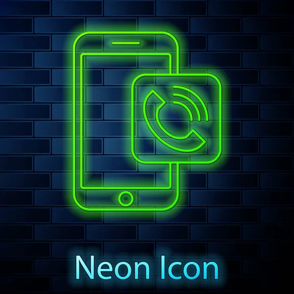 Glowing neon line Mobile phone call icon isolated on brick wall background. Vector Illustration — 스톡 벡터