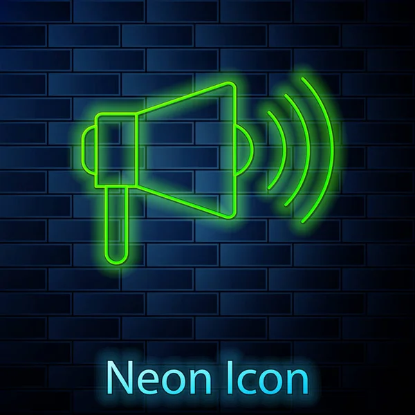 Glowing neon line Megaphone icon isolated on brick wall background. Loud speach alert concept. Bullhorn for Mouthpiece scream promotion. Vector Illustration — Stock Vector