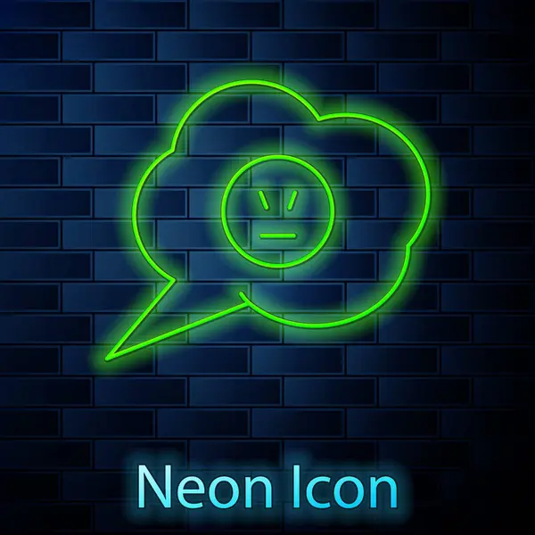 Brillante línea de neón Burbuja de voz con icono de sonrisa enojada aislado en el fondo de la pared de ladrillo. Cara de emoticono. Ilustración vectorial — Vector de stock