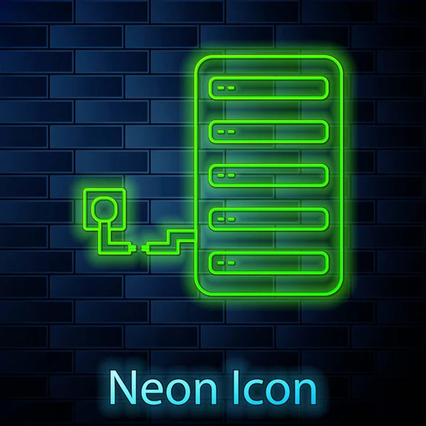 Glowing neon line Server icon isolated on brick wall background. Adjusting app, service concept, setting options, maintenance, repair, fixing. Vector Illustration — 스톡 벡터