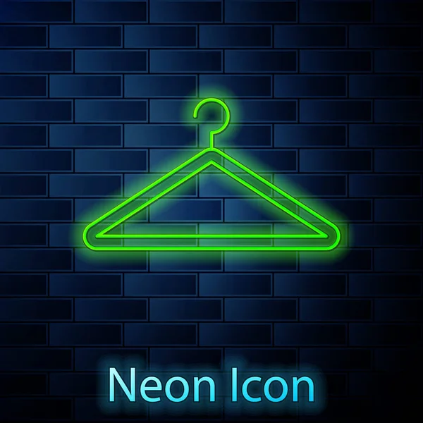 Gloeiende neon lijn Hanger garderobe pictogram geïsoleerd op baksteen muur achtergrond. Cloakroom icoon. Kleding service symbool. Wasserij hangerbord. Vector Illustratie — Stockvector