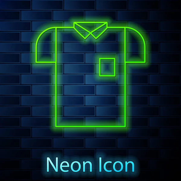 Leuchtende Neon-Line-Polo-Shirt-Symbol isoliert auf Backsteinwand Hintergrund. Vektorillustration — Stockvektor