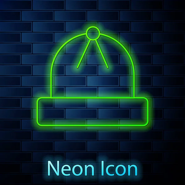Ragyogó neon vonal Téli kalap ikon elszigetelt téglafal háttér. Vektorillusztráció — Stock Vector