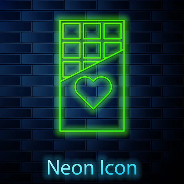 Glowing neon line Chocolate bar icon isolated on brick wall background. Valentines day symbol. Vector Illustration — 스톡 벡터