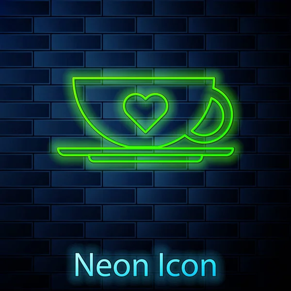 Leuchtende Neon-Linie Kaffeetasse und Herz-Symbol isoliert auf Backsteinwand Hintergrund. Paarkaffee für Liebhaber am Valentinstag. Vektorillustration — Stockvektor