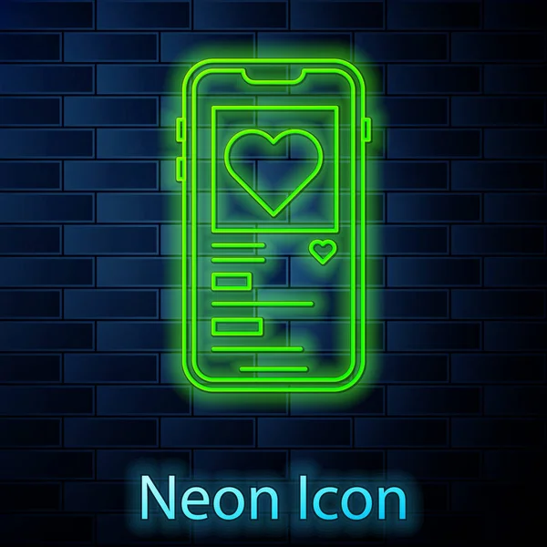 Leuchtende Neon-Line-Handy mit Herz-Symbol isoliert auf Backsteinwand Hintergrund. Valentinstag. Vektorillustration — Stockvektor