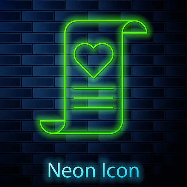 Zářící neonová čára Obálka s ikonou Valentýna srdce izolované na pozadí cihlové zdi. Láska ke vzkazu. Dopis s láskou a romantikou. Vektorová ilustrace — Stockový vektor