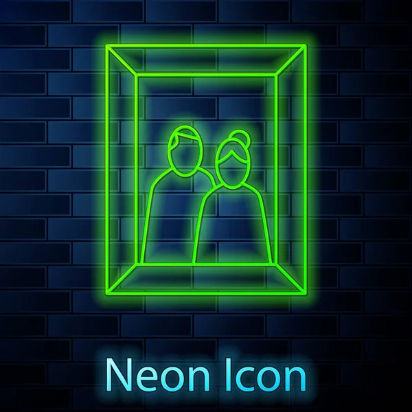 Glowing neon line Picture frame on table icon isolated on brick wall background. Valentines Day symbol. Vector Illustration — 스톡 벡터