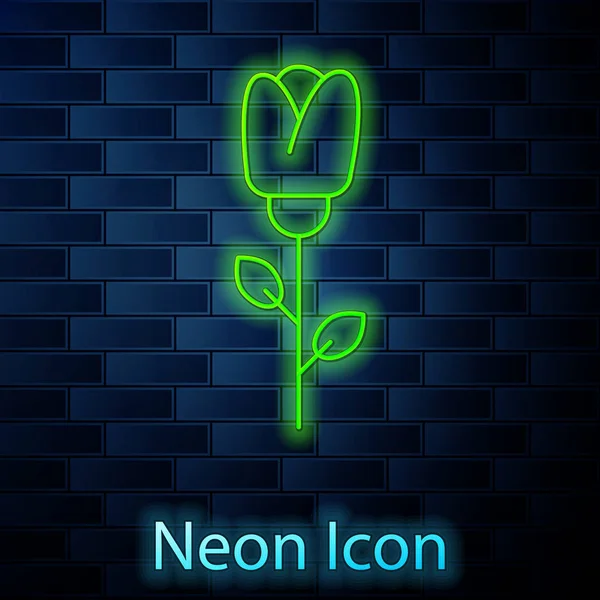 Świecąca neon linia Kwiat róży ikona izolowane na tle cegły ściany. Ilustracja wektora — Wektor stockowy