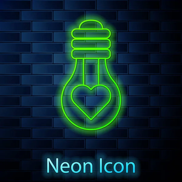 Glowing neon line Heart shape in a light bulb icon isolated on brick wall background. Love symbol. Valentine day symbol. Vector Illustration — Stock Vector