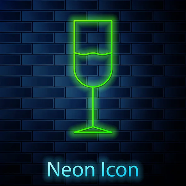 Glowing neon line Wine glass icon isolated on brick wall background. Wineglass icon. Goblet symbol. Glassware sign. Vector Illustration — Stock Vector