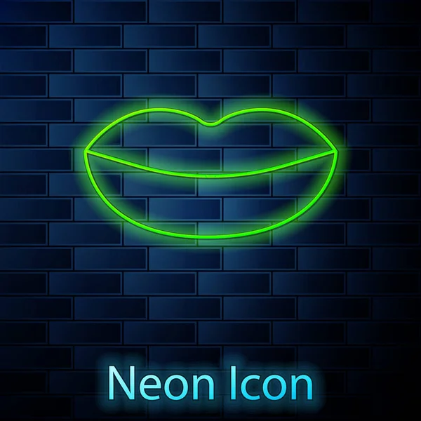 Glowing neon line Smiling lips icon isolated on brick wall background. Smile symbol. Vector Illustration — Stock Vector