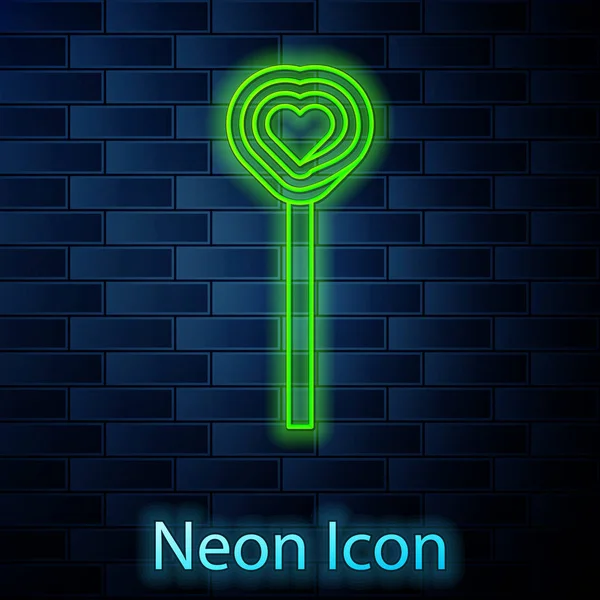 Glödande neon linje Lollipop ikon isolerad på tegel vägg bakgrund. Godisskylt. Mat, läcker symbol. Alla hjärtans dag. Kärlekssymbol. Vektor Illustration — Stock vektor