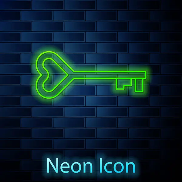 Glödande neon line nyckel i hjärtform ikon isolerad på tegel vägg bakgrund. Alla hjärtans dag symbol. Vektor Illustration — Stock vektor