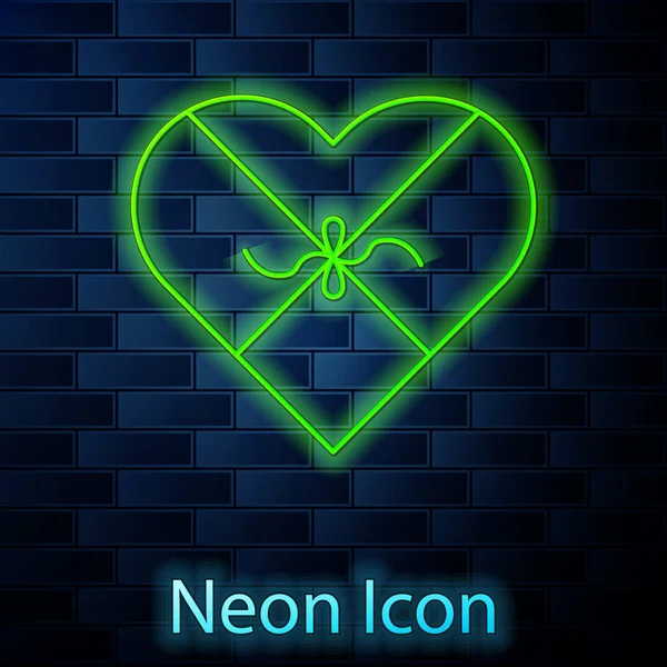 Zářící neonová čára Candy ve tvaru srdce krabice a ikona luku izolované na pozadí cihlové stěny. Valentýn. Vektorová ilustrace — Stockový vektor