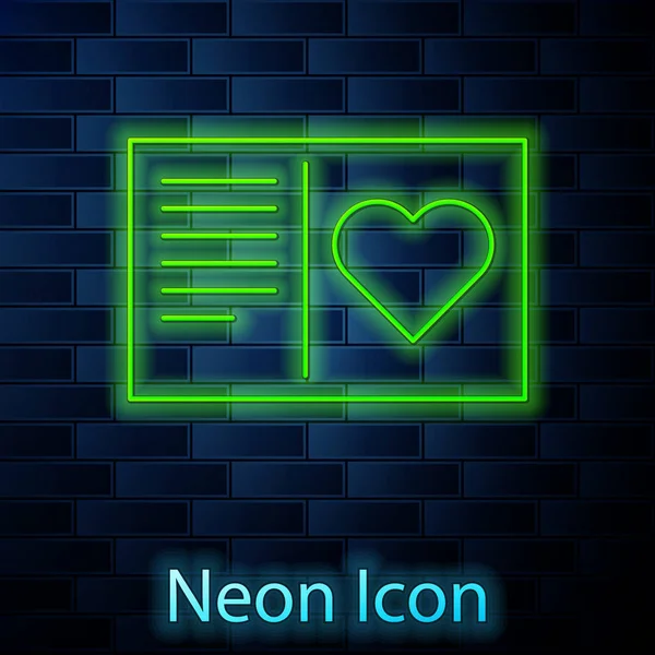 Glowing neon line Valentines day flyer with heart icon isolated on brick wall background. Celebration poster template for invitation or greeting card. Vector Illustration — 스톡 벡터