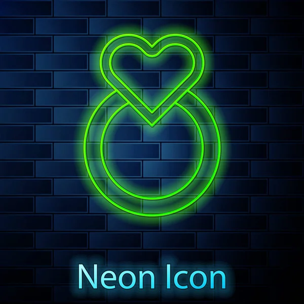 Glowing neon line Wedding rings icon isolated on brick wall background. Bride and groom jewelry sign. Marriage symbol. Diamond ring. Vector Illustration — 스톡 벡터