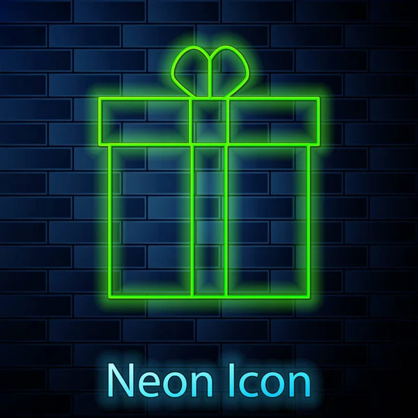 Gloeiende neon lijn Gift box en hart pictogram geïsoleerd op baksteen muur achtergrond. Valentijnsdag. Vector Illustratie — Stockvector