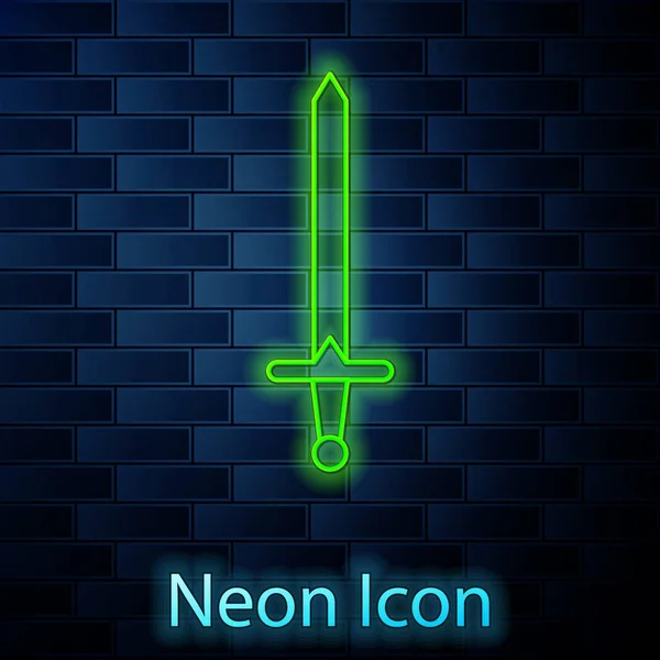 Leuchtende Neon-Linie mittelalterliche Schwert-Symbol isoliert auf Backsteinmauer Hintergrund. Mittelalterliche Waffe. Vektorillustration — Stockvektor
