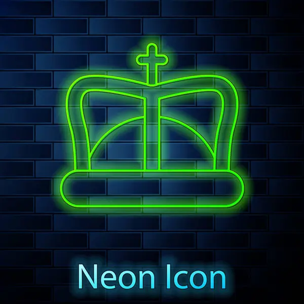 Linea al neon incandescente icona della corona di re isolato su sfondo muro di mattoni. Illustrazione vettoriale — Vettoriale Stock