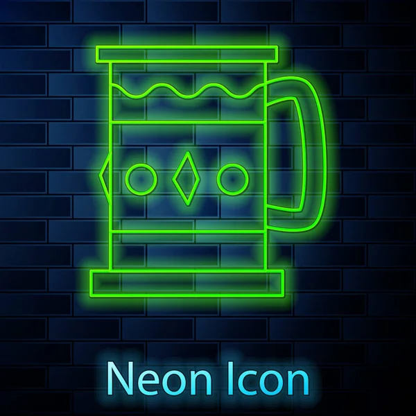 Glödande neon linje Trä mugg ikon isolerad på tegel vägg bakgrund. Vektor Illustration — Stock vektor