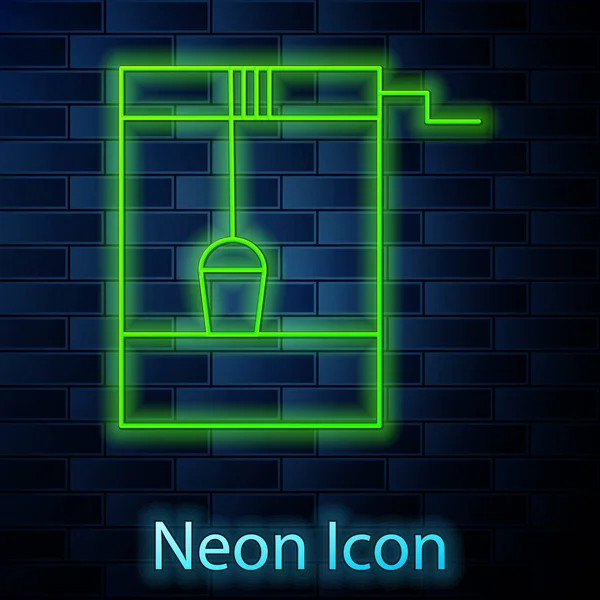 Linea al neon incandescente Bene con un'icona a secchio e acqua potabile isolata su sfondo murario in mattoni. Illustrazione vettoriale — Vettoriale Stock