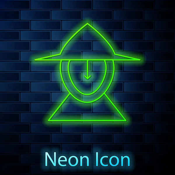 Leuchtende Neon-Linie mittelalterlichen Eisenhelm für Kopfschutz-Symbol isoliert auf Backsteinmauer Hintergrund. Vektorillustration — Stockvektor