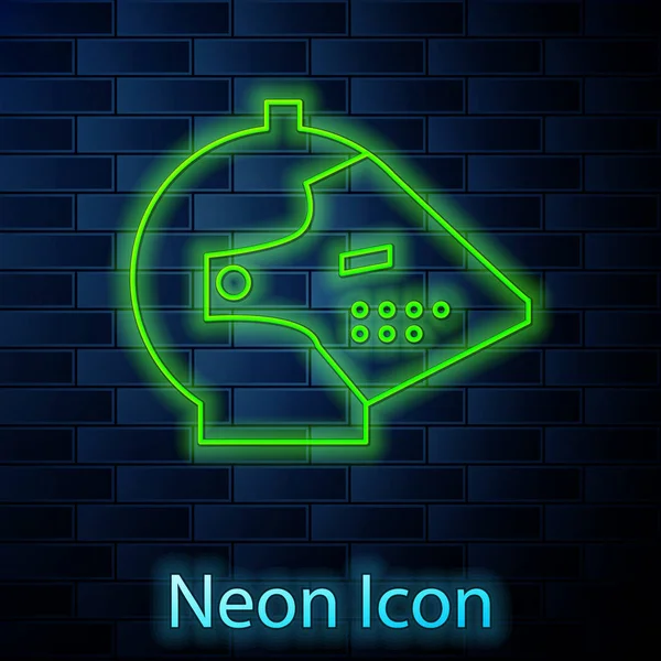 Glowing neon line Medieval iron helmet for head protection icon isolated on brick wall background. Vector Illustration — ストックベクタ