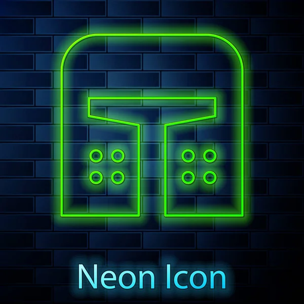 Glödande neon line Medeltida järn hjälm för huvud skydd ikon isolerad på tegel vägg bakgrund. Vektor Illustration — Stock vektor