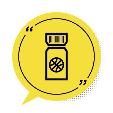 Siyah basketbol bileti ikonu beyaz arka planda izole edildi. Sarı konuşma balonu sembolü. Vektör İllüstrasyonu