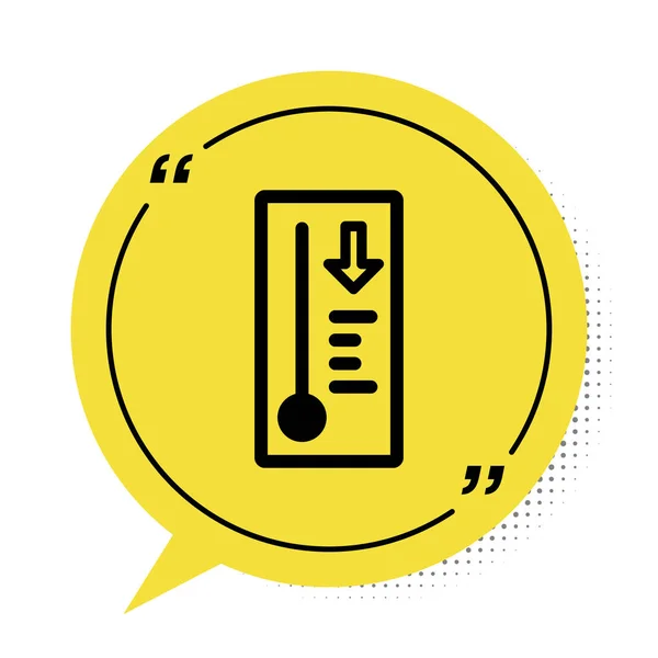 Zwarte Meteorologie thermometer meten warmte en koude pictogram geïsoleerd op witte achtergrond. Thermometer apparatuur toont warm of koud weer. Gele spraakbel symbool. Vector Illustratie — Stockvector