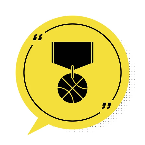 Μαύρο μετάλλιο μπάσκετ με κορδέλα εικονίδιο που απομονώνεται σε λευκό φόντο. Κίτρινη φυσαλίδα ομιλίας. Εικονογράφηση διανύσματος — Διανυσματικό Αρχείο